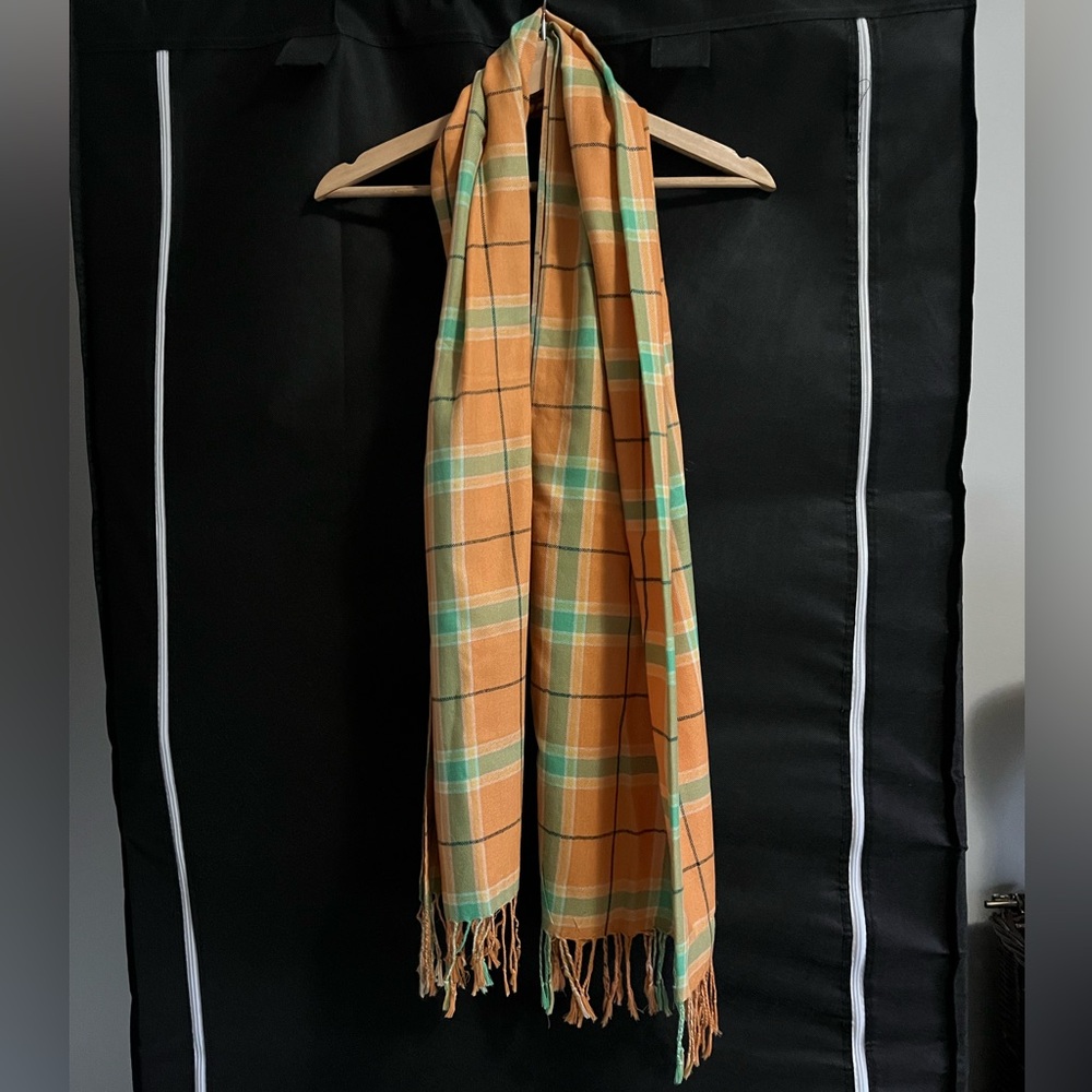 Cashmere Silk Blend Plaid Orange and Green Scarf Pashmina